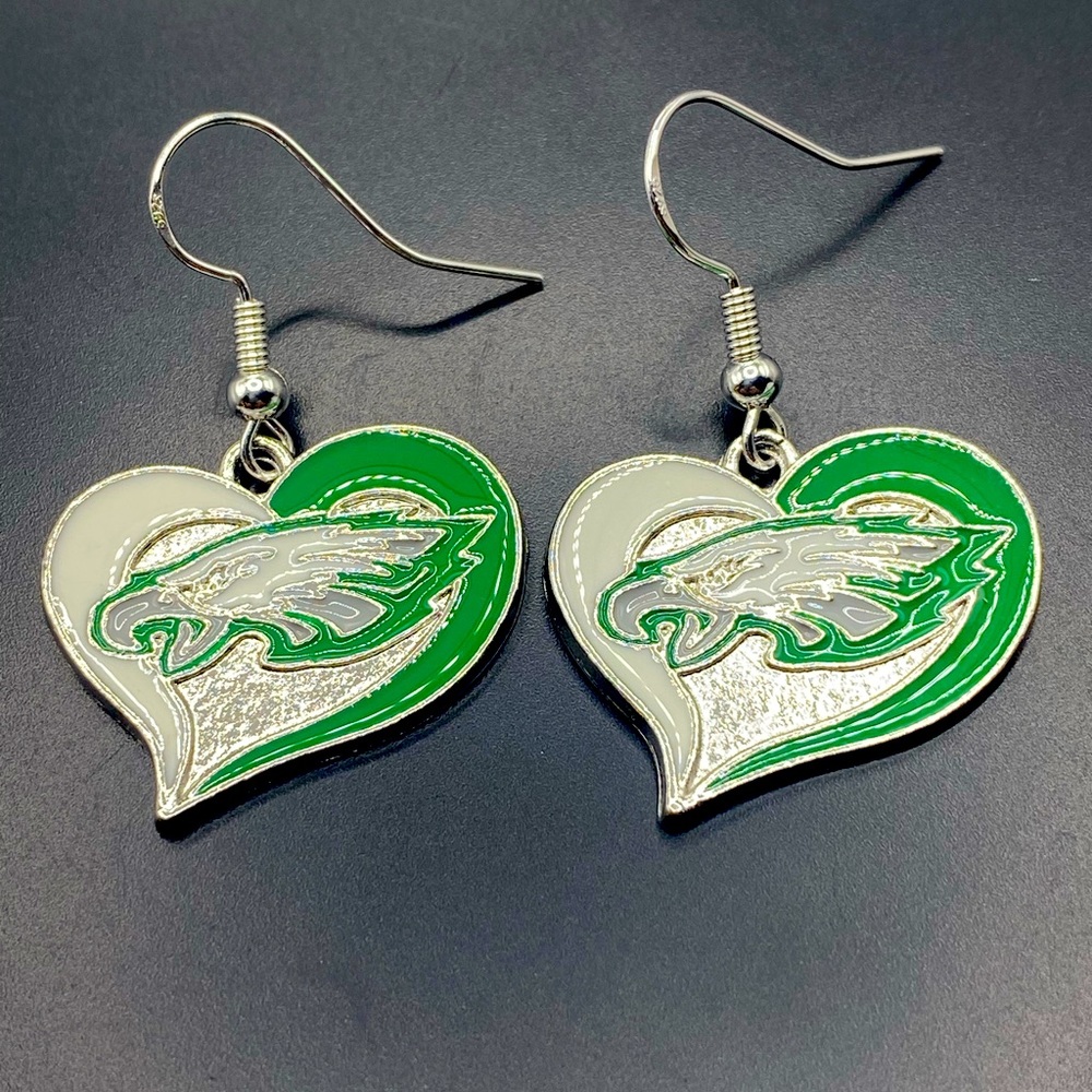 Ss hooks grey and green heart shaped Philadelphia eagles silver tone earrings